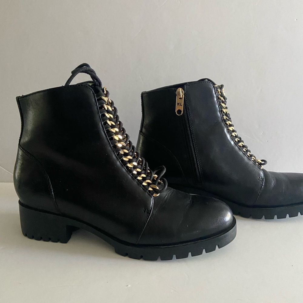 Karl legerfeld Black Leather Ankle Boots with Gold Chain Detail size 9